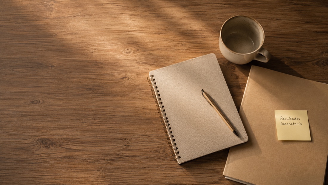 Escritorio con cuaderno, carpeta y una taza