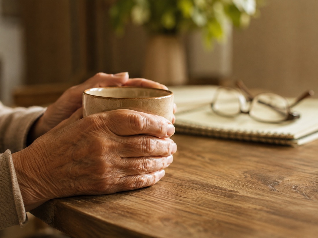 Manos de un adulto mayor sosteniendo una taza